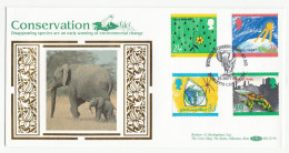 ELEPHANT CONSERVATION Special SILK FDC Howletts Canterbury Set ENVIRONMENT CLIMATE GREEN Stamps GB Cover 1992 - Olifanten