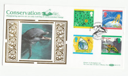 DOLPHIN CONSERVATION Special SILK FDC Cardigan Set ENVIRONMENT CLIMATE  GREEN Stamps GB Cover 1992 - Dolphins