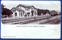 2022.SALONIQUE. VERY SCARCE TURKEY  RAILWAY STATION(EXPRESS ORIENT) POSTCARD, SERVIA(SERFIDJE)POSTMARK,STAMP MISSING - Macedonia