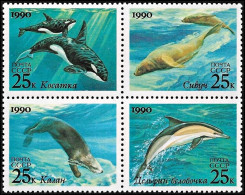 USSR / Russia 1990, Marine Mammals Wales Dolphins - Block Of 4 V. MNH - Dolphins