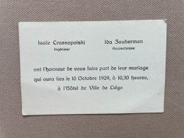 1929 - LIÉGE - Isaïe CRASNOPOLSKI, Ingénieur & Ida ZOUBERMAN, Accoucheuse - Wedding