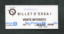 Ticket De Train Ou Métro Ile-de-France Mobilité - SNCF "Billet D'Essai" 28/03/2022 Billet DeTrain - Paris - Europe