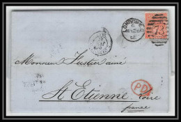 35713 N°32 Victoria 4p Red London St Etienne France 1865 Cachet 73 Lettre Cover Grande Bretagne England - Lettres & Documents