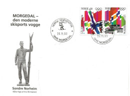 Norge Norway 1993 Morgedal - Sondre Norheim - Skiing Start. Flags Mi 1105-1106 Cancelled Morgedal 28.11.93 - Briefe U. Dokumente