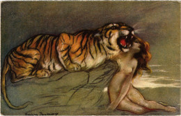 PC ARTIST SIGNED, ZANDINO, LADY WITH A TIGER, Vintage Postcard (b52947) - Zandrino