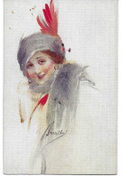 Barribal. Très Belle Carte. Femme Avec Chapeau Gris, Plume Rouge. - Barribal, W.