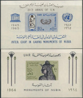Egypt UAR TWO Souvenir Sheet 1964 & 1965 Saving Monuments In Nubia & UN - United Nations 20th  Anniversary - Unused Stamps