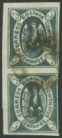 BOLIVIA: Sc.2, 1867/8 Condor 5c., Vertical Pair In Bluish Green Printed On Thin Paper, With Cancel Of LAMAR, Very Fine Q - Bolivie