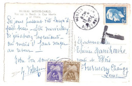 Carte Postale Monaco Postée à MENTON France TAXEE Gros T "NON AFFRANCHIE" Gerbes 20F 4F Ob 1954 Yv 84 87 - 1859-1959 Brieven & Documenten