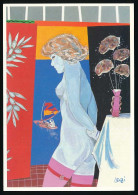 CPSM/CPM 10.5x 5 Illustrateur MARC LENZI "L'été" Jeune Femme Dénudée Fenêtre Planche à Voile Fleurs Création N° 100 1991 - Lenzi