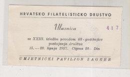 YUGOSLAVIA,1957 ZAGREB Stamp Expo Ticket HFD - Covers & Documents