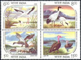 INDIA 1994 Endangered Water Birds Set (Sg#1603-6) MNH "WITHDRAWN" ISSUE Block As Per Scan - Geese