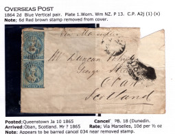 New Zealand 1865 2d Blue FFQ Chalon Pair - NZ Wmk. Perf. 13 - On Goldfields Cover Rocky Point To Scotland - Briefe U. Dokumente