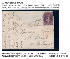 New Zealand 1867 3d Deep Mauve FFQ Chalon - Wmk. Large Star - On Part Cover To Ennis, Ireland - Storia Postale