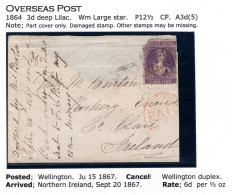 New Zealand 1867 3d Deep Mauve FFQ Chalon - Wmk. Large Star - On Part Cover To Ennis, Ireland - Cartas & Documentos