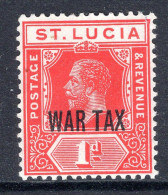 St Lucia 1916 KGV - WAR TAX - 1d Scarlet HM (SG 90) - Ste Lucie (...-1978)