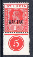 St Lucia 1916 KGV - WAR TAX - 1d Scarlet - Plate 5 Single HM (SG 90) - Ste Lucie (...-1978)