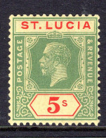 St Lucia 1921-30 KGV - Wmk. Script CA - 5/- Green & Red On Yellow HM (SG 105) - Ste Lucie (...-1978)