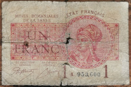 Billet De 1 Franc MINES DOMANIALES DE LA SARRE état Français A 953600  Cf Photos - 1947 Saarland