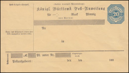 Württemberg Postanweisungumschlag AU 36 - Pfennig Blau Steiles M, Ungebraucht ** - Ganzsachen