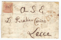 Lettre Italie Naples Timbre N°2 Griffe Annulato Cachet Rouge Lecce 1860  , Cover Letter Brief - Neapel