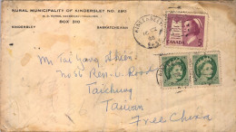 1958 KINDERSLEY - TAICHUNG ( TAIWAN ) , RURAL MUNICIPALITY OF KINDERSLEY , SOBRE CIRCULADO , LLEGADA - Brieven En Documenten