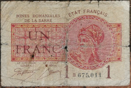 Billet De 1 Franc MINES DOMANIALES DE LA SARRE état Français B 675011  Cf Photos - 1947 Saarland