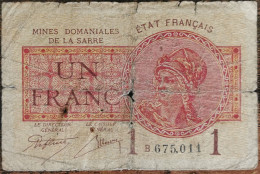 Billet De 1 Franc MINES DOMANIALES DE LA SARRE état Français B 675011  Cf Photos - 1947 Sarre