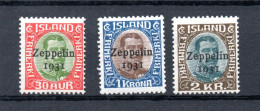 Iceland 1931 Set Overprinted Airmail Zeppelin Stamps (Michel 147/49) MLH, 148 Thin Spott - Luchtpost