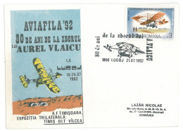 COV 75 - 251 AVIATIE, Aurel VLAICU, Lugoj, Romania - Cover - Used - 1992 - Brieven En Documenten