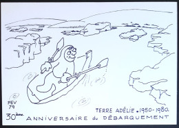 Carte Postale Des EPF Dessinée Par Paul Emile Victor, Terre Adélie, Missions PEV, Débarquement - Covers & Documents