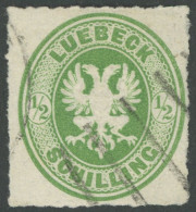 LÜBECK 8 O, 1863, 1/2 S. Dunkelgelblichgrün, Strichstempel!, Pracht, Signiert - Lubeck