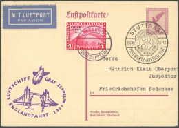 ZEPPELINPOST 122Ab BRIEF, 1931, Englandfahrt, Bordpost, Frankiert Mit 1 RM Polarfahrt Auf 15 Pf. Adler-Ganzsachenkarte,  - Luft- Und Zeppelinpost