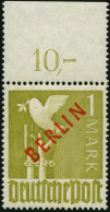 BERLIN 33 P OR , 1949, 1 M. Rotaudruck, Mit Durchgezähntem Oberrand (in Der Perforierung Vorgefaltet), Postfrisch, Prach - Neufs