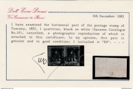 1857 TOSCANA, N° 10 1 Q. Nero  COPPIA USATA  Certificato E.Diena - Toscane