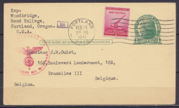 USA - EP CP 1c + 2c Flam. PORTLAND /FEB 24 1941 (avant Entrée En Guerre Des USA) Pour BRUXELLES - Cachet Censure Militai - 1941-60