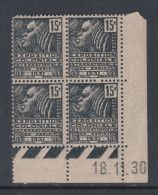 France N° 270 XX Expo. Colo. :15 C En Bloc De 4 Coin Daté Du 18 . 11 . 30.; Ss  Point Blanc , Ss  Cha. Angle Court  , TB - ....-1929