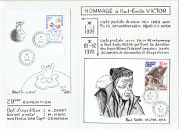 29e Expedition - CP PEV Signée Paul Emile Victor Voyagée 1/1/79 - CP Illustrée Visage De PEV Voyagée En Recommandée - Covers & Documents