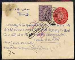 Indian States - Travancore 1910, 3.4Ch Native P-stat Env With Additional 3Ch Adhesive With 'Experimental' Cancel On Reve - Travancore