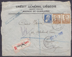 Env. "Crédit Général Liégeois" Affr. Mixte N°76 + Paire N°113 (3 Ports Recommandé) Càd CHARLEROY 1 /2 X 1912 Pour LONDRE - 1905 Grosse Barbe