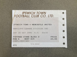 Ipswich Town V Newcastle United 1990-91 Match Ticket - Match Tickets