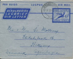 South Africa Aerogramme Sent To Denmark Johannesburg 17-5-1955 - Airmail