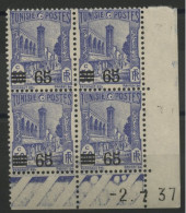 N° 183 Bloc De Quatre Neuf ** (MNH) 65 Ct Sur 50 Ct Outremer + Coin Daté Du 2/7/37 TB - Unused Stamps