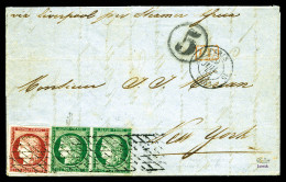 O 15c Vert-foncé En Paire (n°2b) + 1f Carmin (n°6) , Afft à 1,30f Pour Les Etats-Unis Obl Grille Sans Fin Sur Lettre De  - 1849-1876: Période Classique