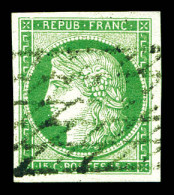 O N°2a, 15c Vert-clair, Quatre Belles Marges, Obl Grille Sans Fin. SUP (signé Calves/Brun/certificat)  Qualité: Oblitéré - 1849-1850 Ceres