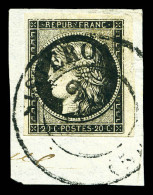 O N°3, 20c Noir, Bord De Feuille Obl Du Grand Cachet De SISTERON (type 13) Du 2 JANVIER 1849 Sur Son Support. TTB (signé - 1849-1850 Ceres