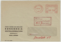 Schweiz 1974, Briefumschlag Freistempel / EMA / Meterstamp Krankenkasse Konkordia Luzern - Basel, Stempel Postleitzahl - Frankeermachinen