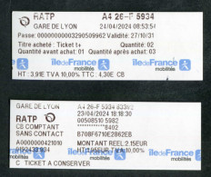 Lot De 2 Tickets (facture, Reçu) De Metro, Bus - Paris Gare De Lyon - RATP - Train Ticket "Ile-de-France Mobilité" - Europa