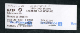 Tickets (reçu) De Metro, Bus (Version Espagnole) Paris Gare De Lyon - RATP - Train Ticket "Ile-de-France Mobilité" - Europa