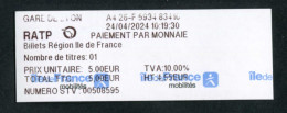 Tickets (reçu) De Metro, Bus (Version Française) Paris Gare De Lyon - RATP - Train Ticket "Ile-de-France Mobilité" - Europe